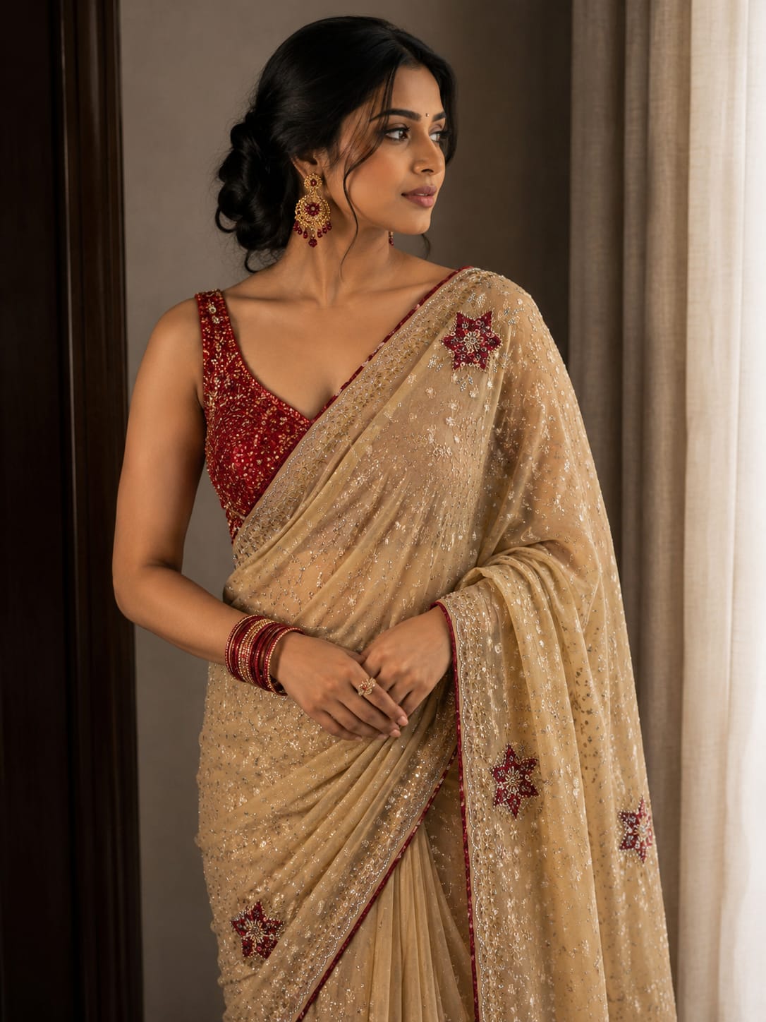 Champagne Beige Sequin Georgette Saree with Embellished Border