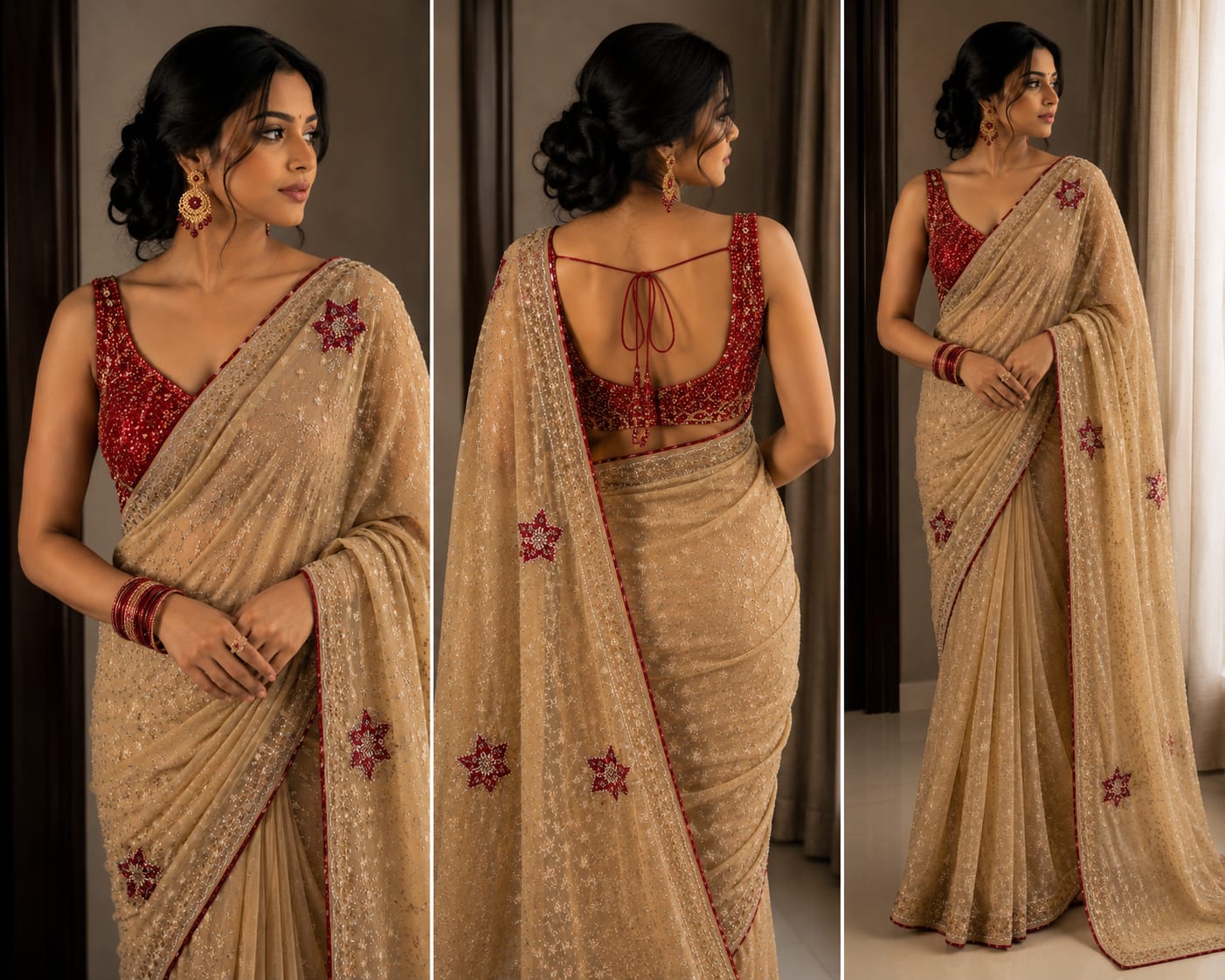 Champagne Beige Sequin Georgette Saree with Embellished Border