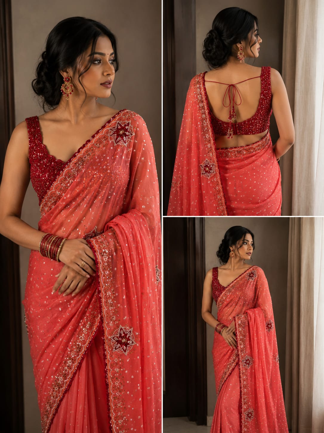 Coral Red Sequin Georgette Saree with Embellished Border