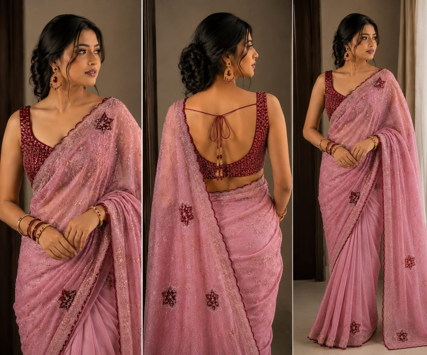 Dusty Pink Sequin Georgette Saree with Embellished Border