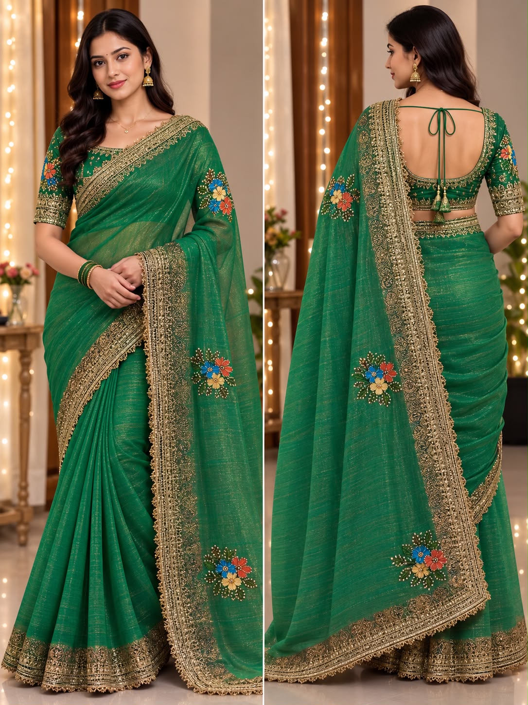 Emerald Green Georgette Saree with Gold Zari Border
