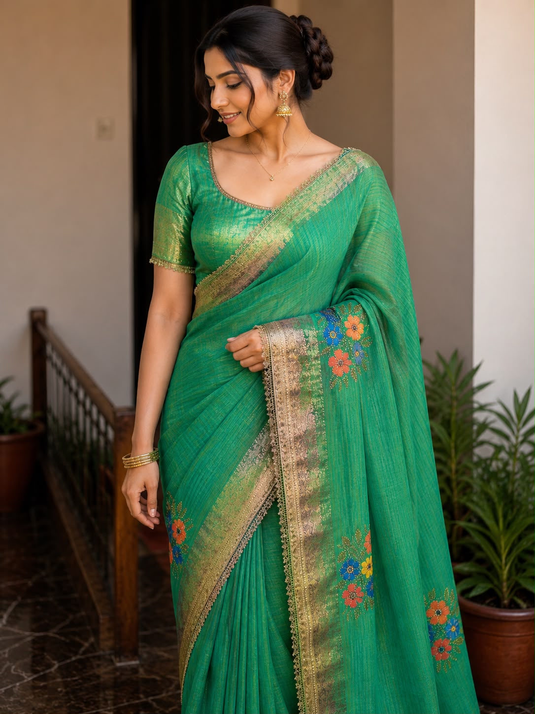 Emerald Green Georgette Saree with Gold Zari Border