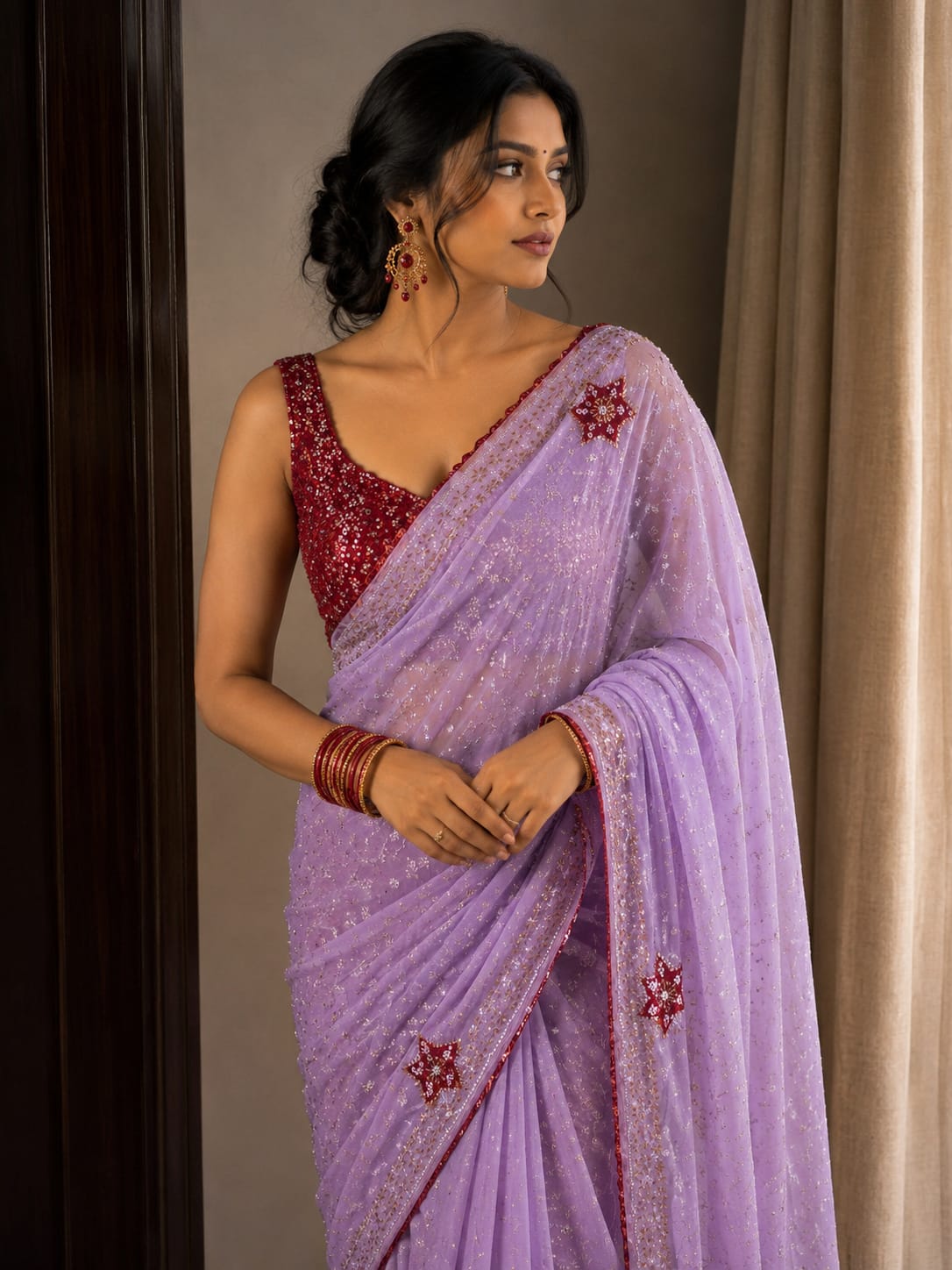 Lavender Sequin Georgette Saree with Embellished Border