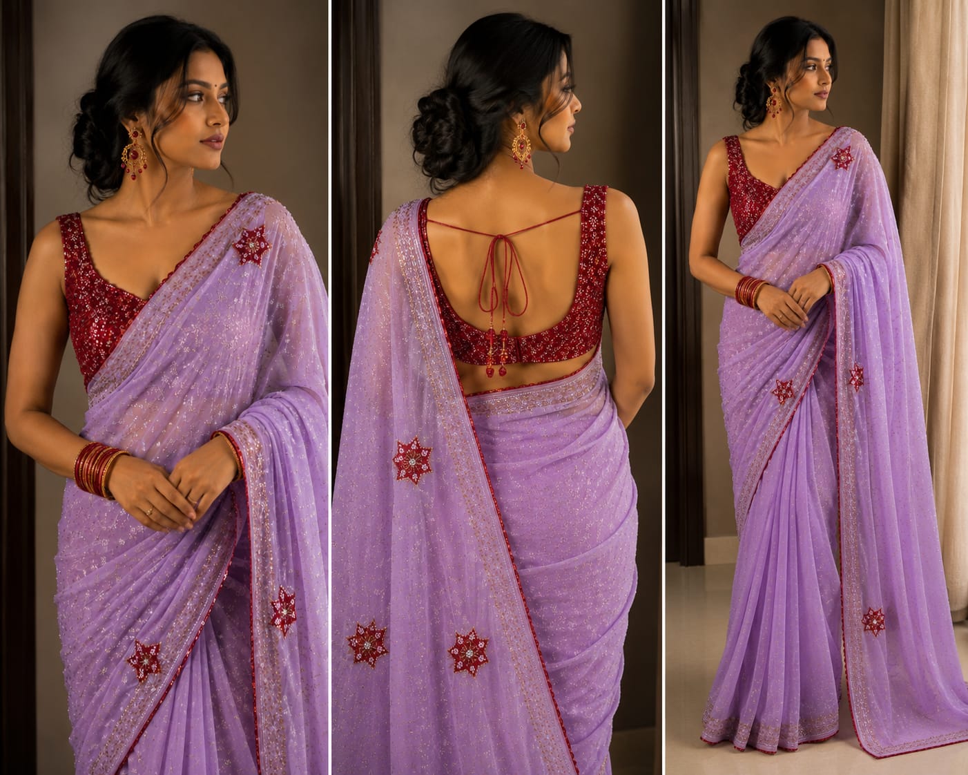 Lavender Sequin Georgette Saree with Embellished Border