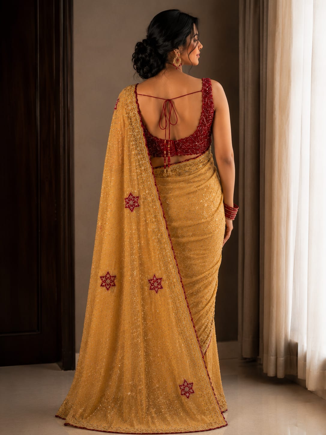 Mustard Gold Sequin Georgette Saree with Embellished Border