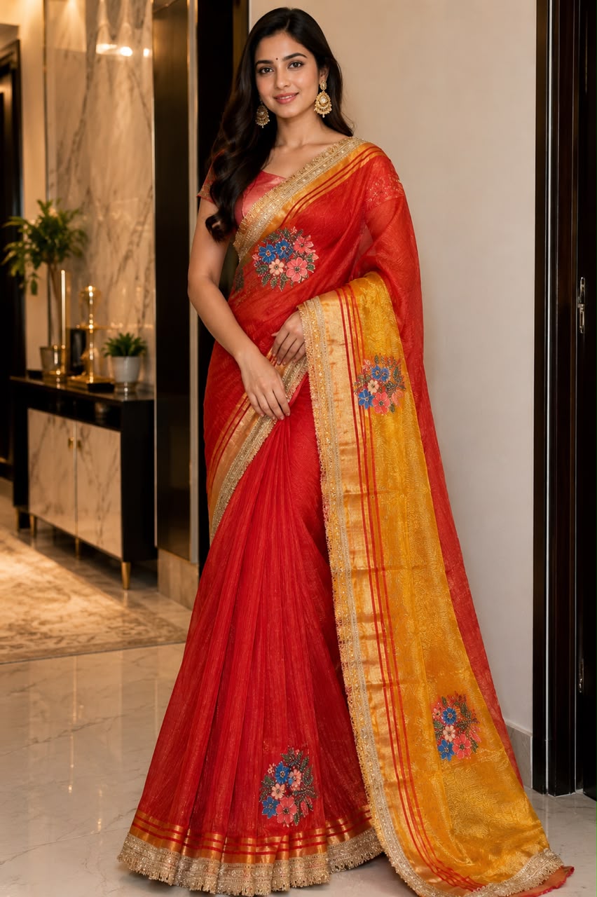 Red & Mustard Georgette Saree with Contrast Pallu