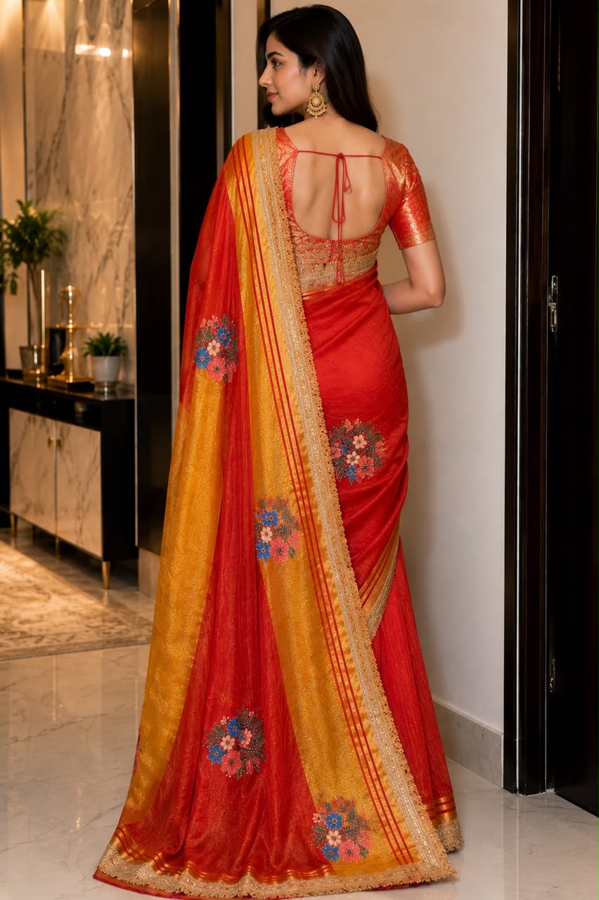 Red & Mustard Georgette Saree with Contrast Pallu