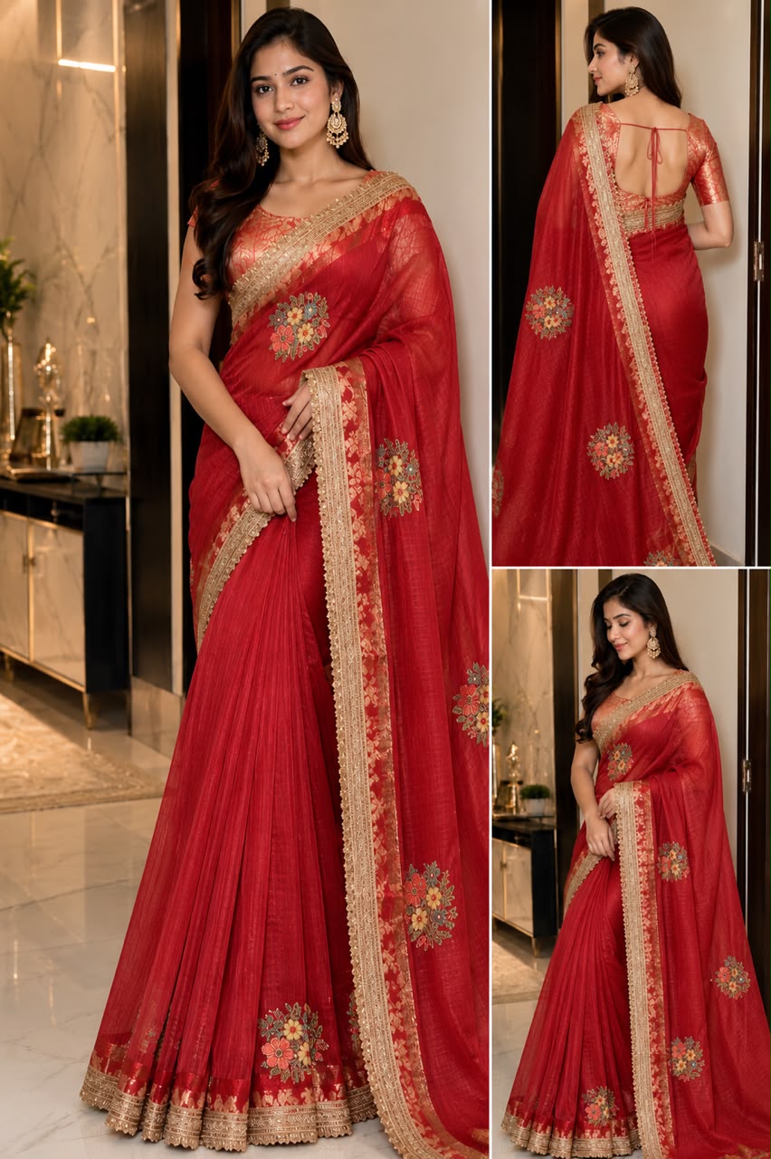 Scarlet Red Georgette Saree with Gold Zari Border