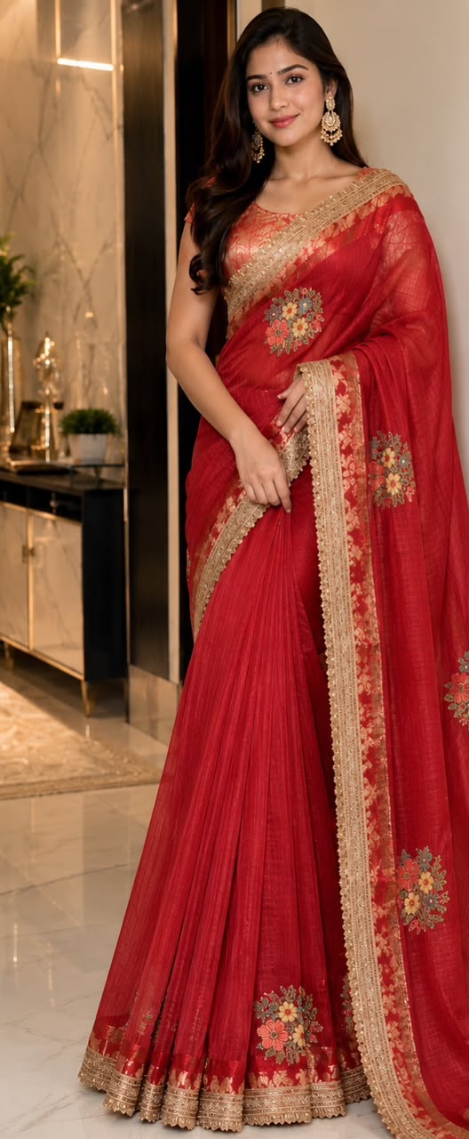 Scarlet Red Georgette Saree with Gold Zari Border