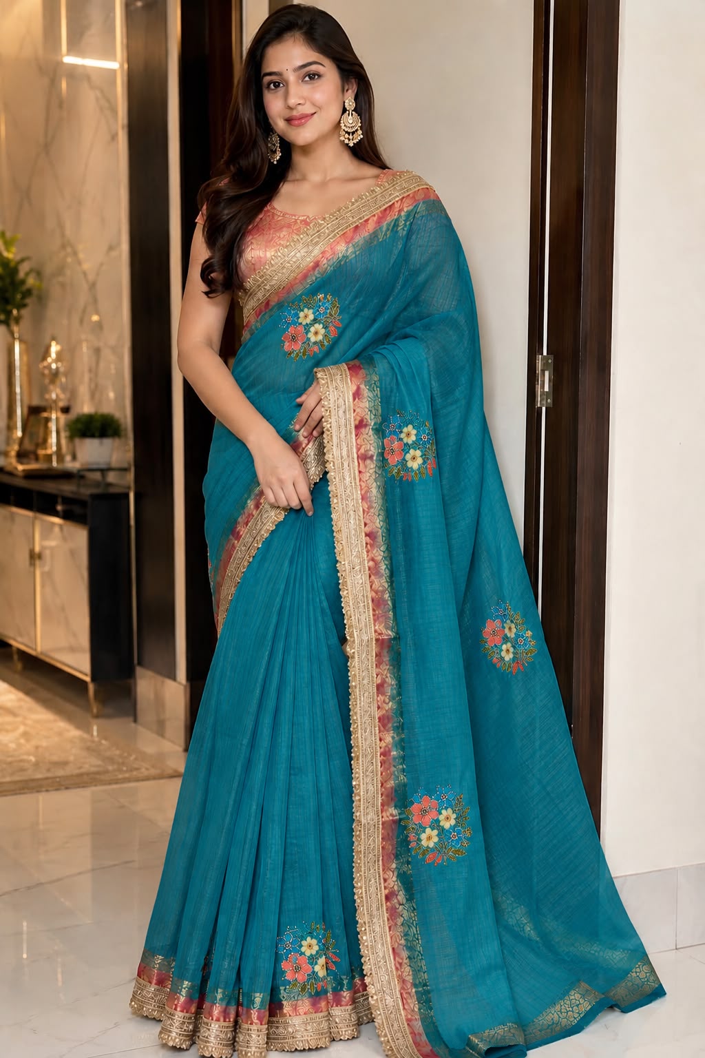 Teal Blue Georgette Saree with Gold Zari Border
