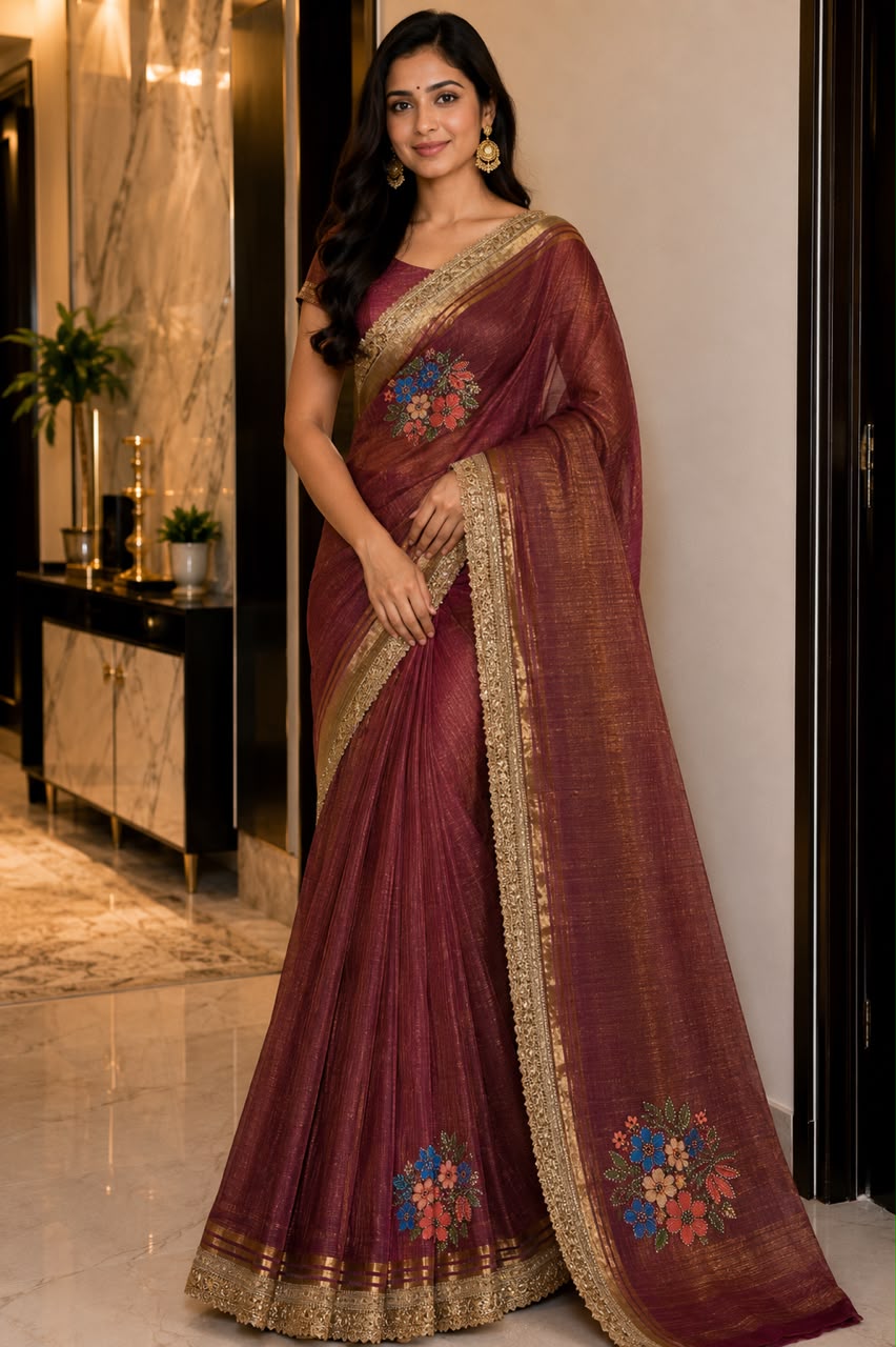 Wine Maroon Georgette Saree with Gold Zari Border