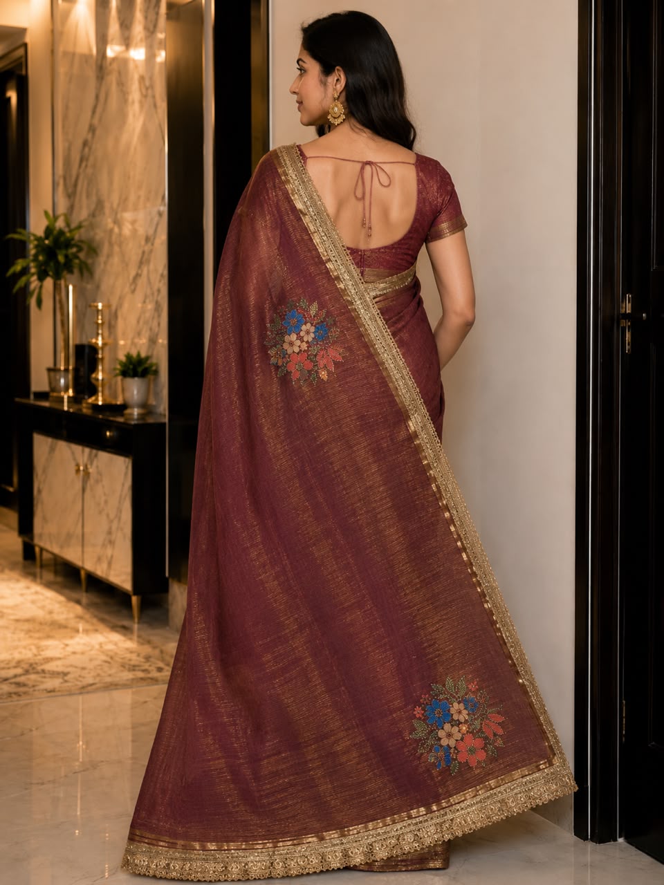 Wine Maroon Georgette Saree with Gold Zari Border